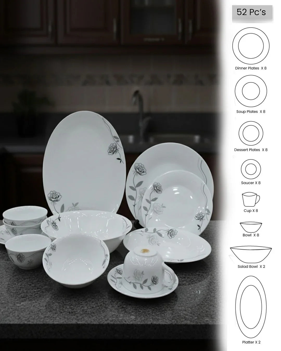 Opal Dinner Set – 38 & 52 Pieces | Premium Dinnerware for 6–8 Persons