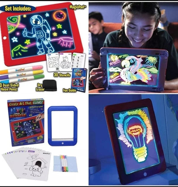 Magic Pad LED Glow Drawing Board – Kids Learning Tablet with Stencils