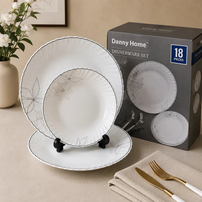 Danny Home Opal Monochrome Floral 18-Piece Dinner Set
