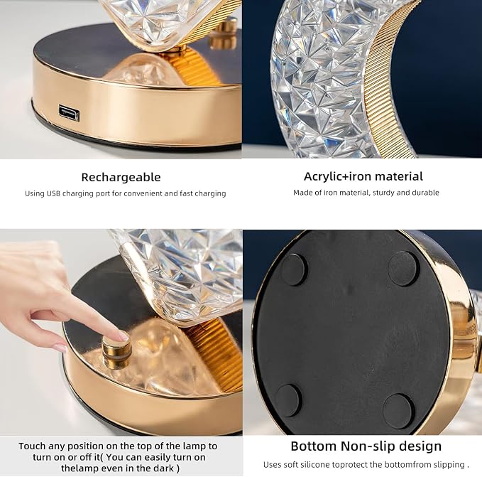 Luxury Crystal LED Lamp – Rechargeable 3-Color Touch Light