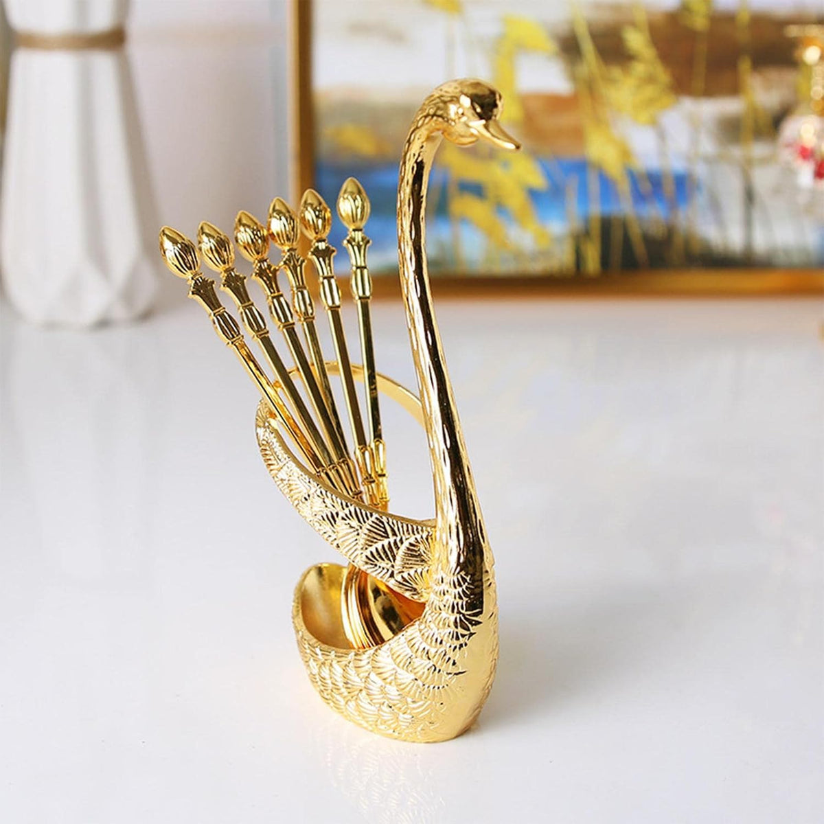 Swan Spoon Holder with 6 Spoons – Decorative Cutlery Stand Set