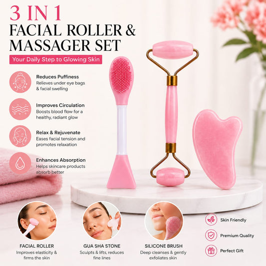 3-in-1 Facial Roller & Massager Set – Roller, Gua Sha & Silicone Brush
