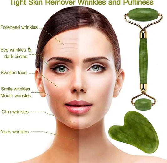 Jade Roller & Gua Sha Facial Massage Set – Dual-Sided Face Roller