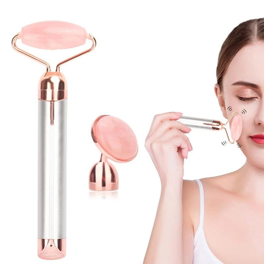 2-in-1 Vibrating Rose Quartz Facial Roller – Massage Tool with Eye Attachment