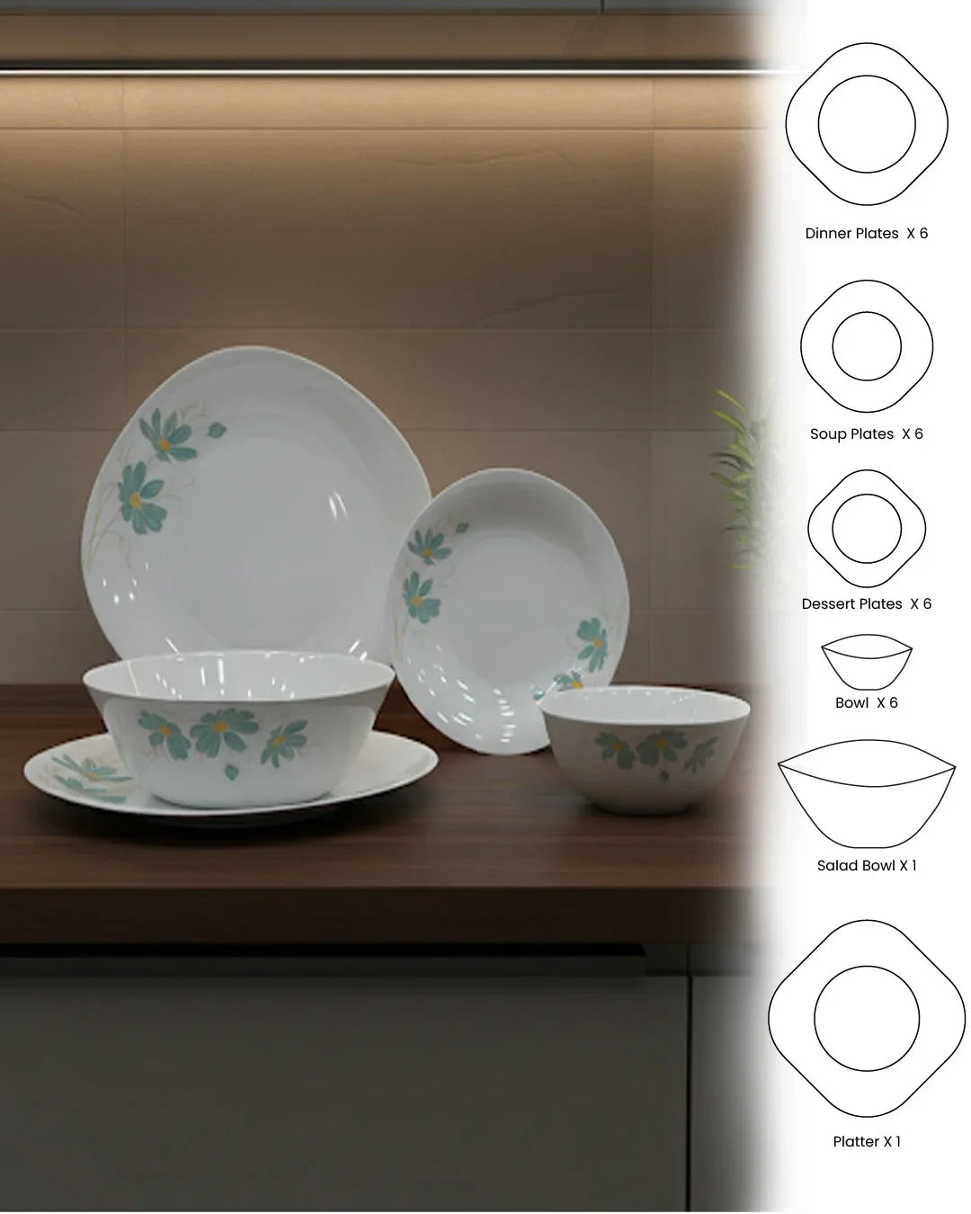 26-Piece Opal Dinner Set – Blue Floral Design