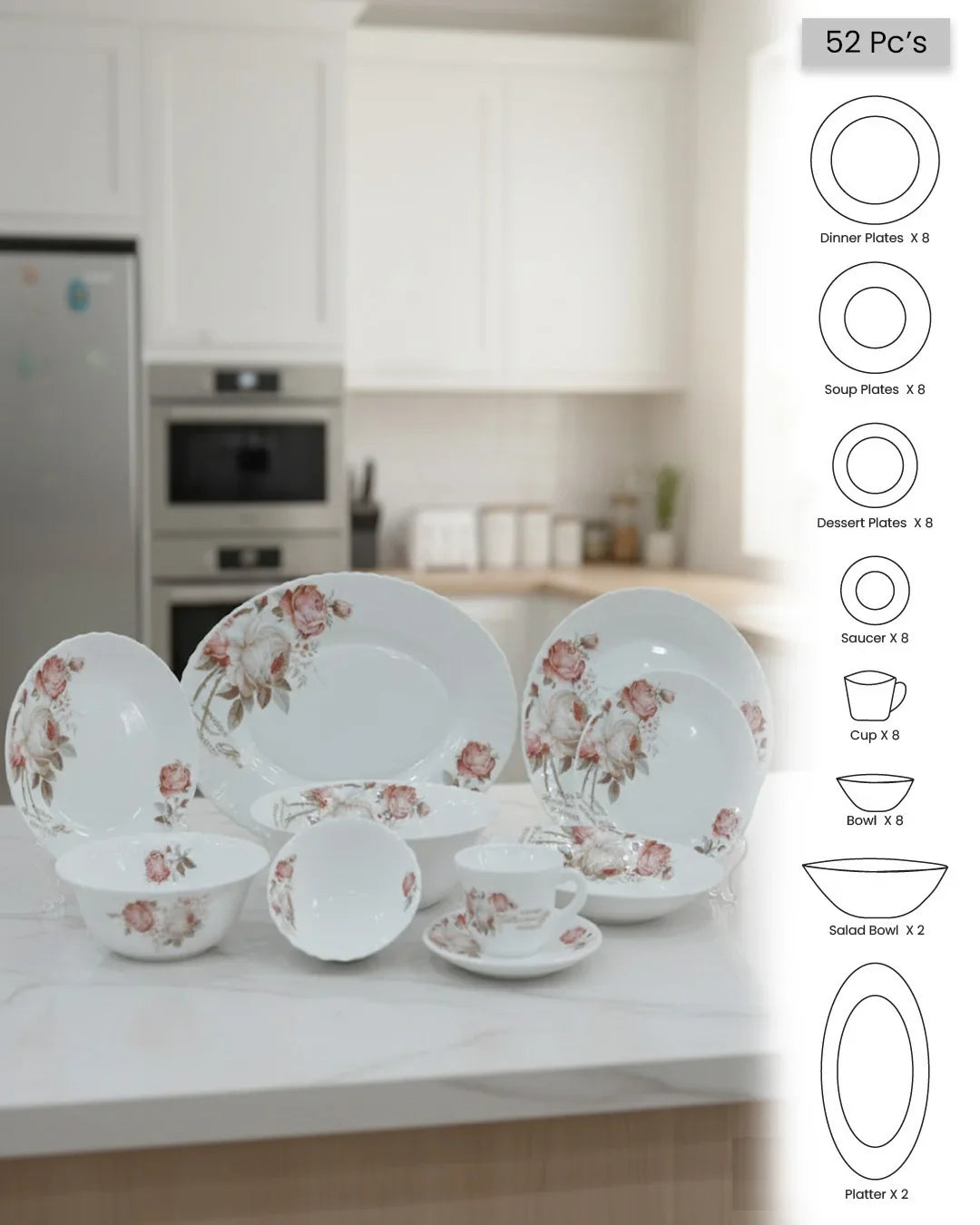 Opal Dinner Set – 38 & 52 Pieces | Premium Dinnerware for 6–8 Persons