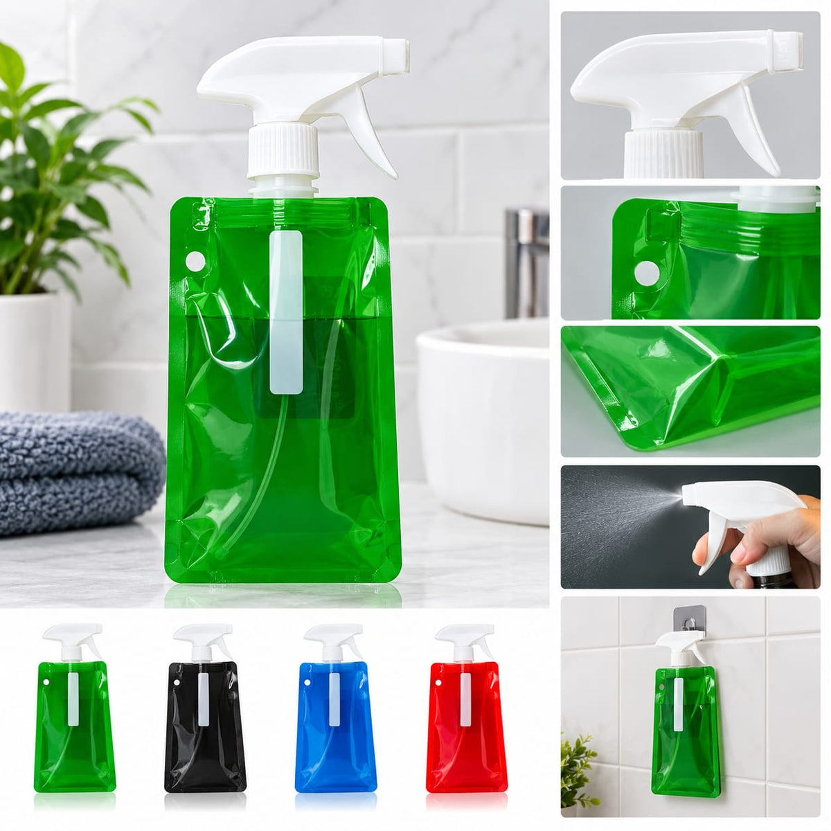 Foldable Collapsible Spray Bottle – Hangable Refillable Pouch Sprayer