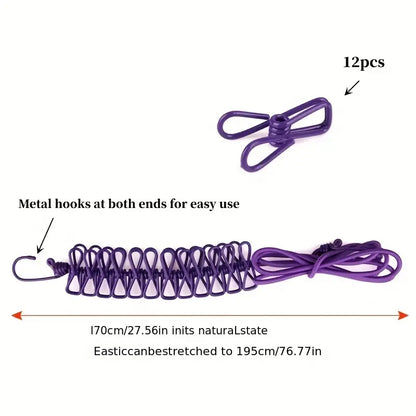 Elastic Retractable Travel Clothesline – 12-Clip Portable Drying Rope