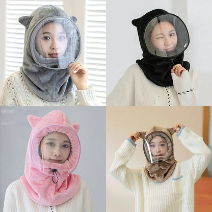 Plush Winter Hat with Detachable Face Shield – Windproof Hooded Cap