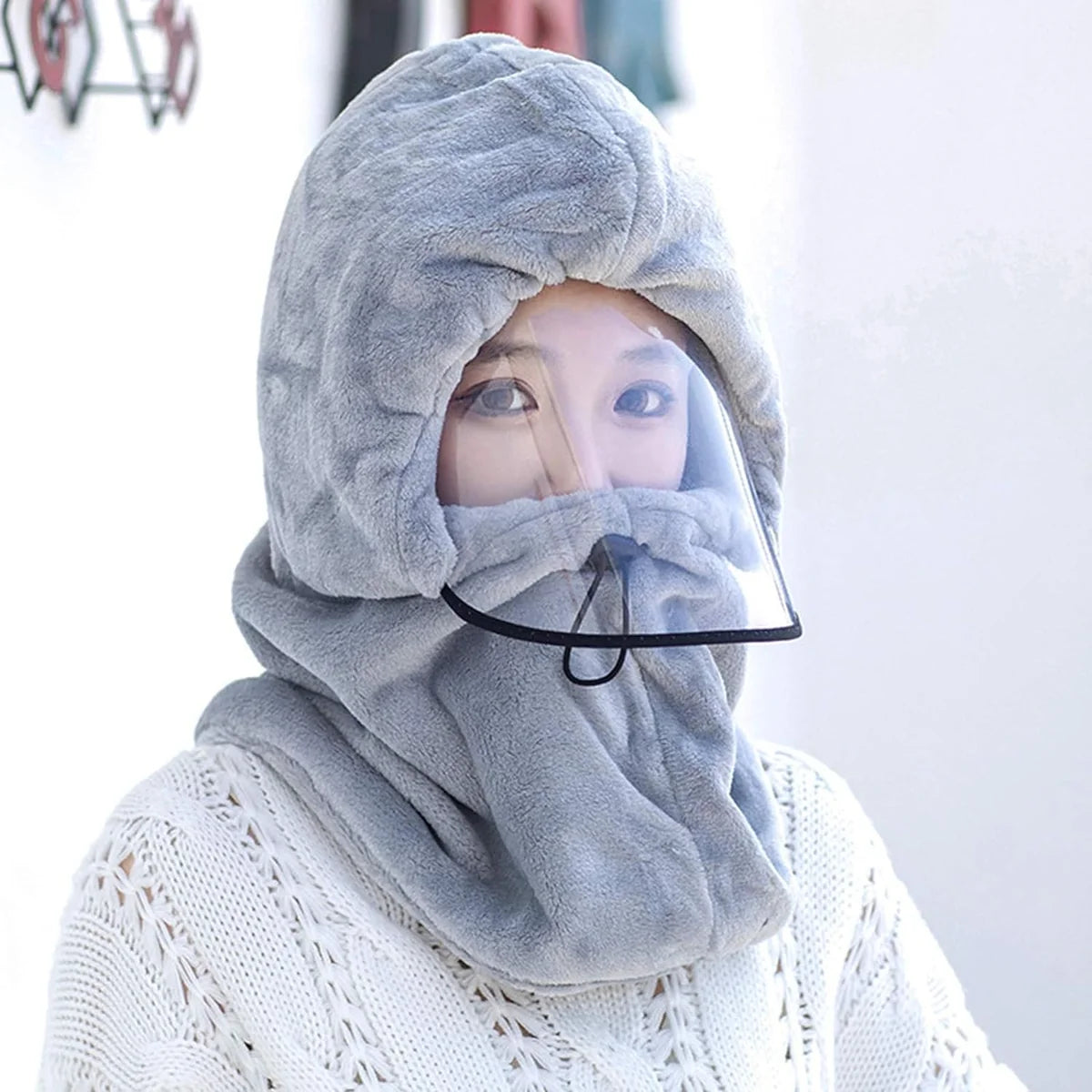 Plush Winter Hat with Detachable Face Shield – Windproof Hooded Cap