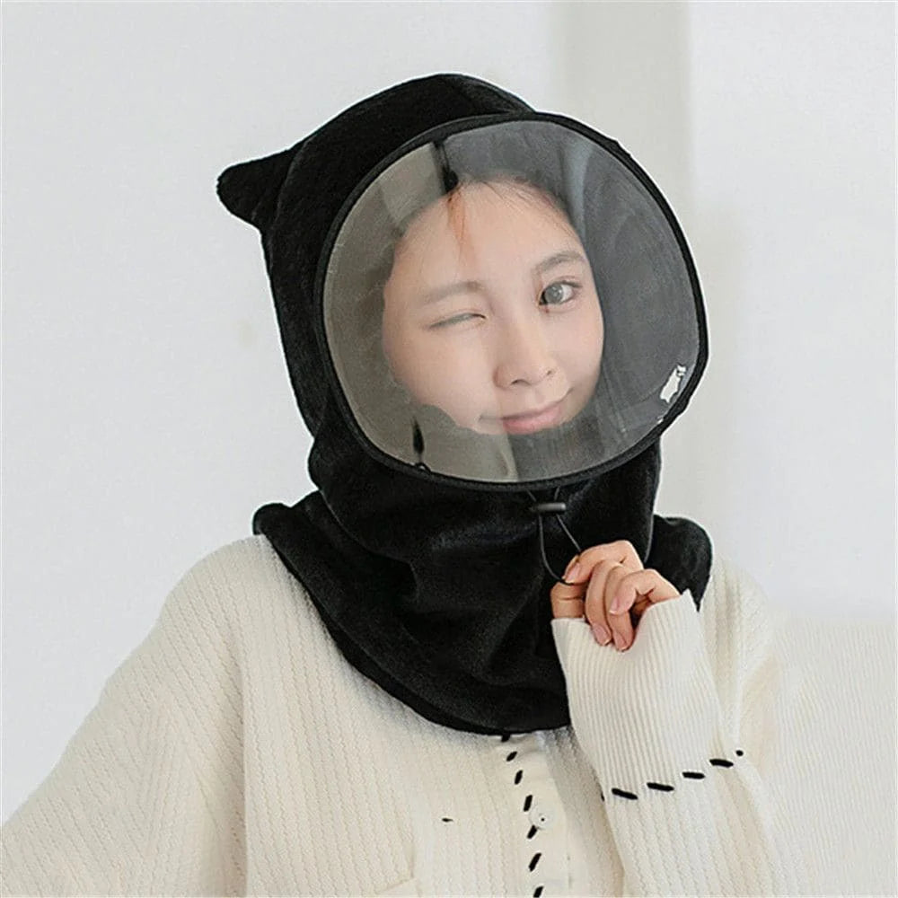 Plush Winter Hat with Detachable Face Shield – Windproof Hooded Cap