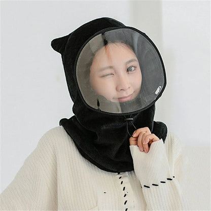 Plush Winter Hat with Detachable Face Shield – Windproof Hooded Cap