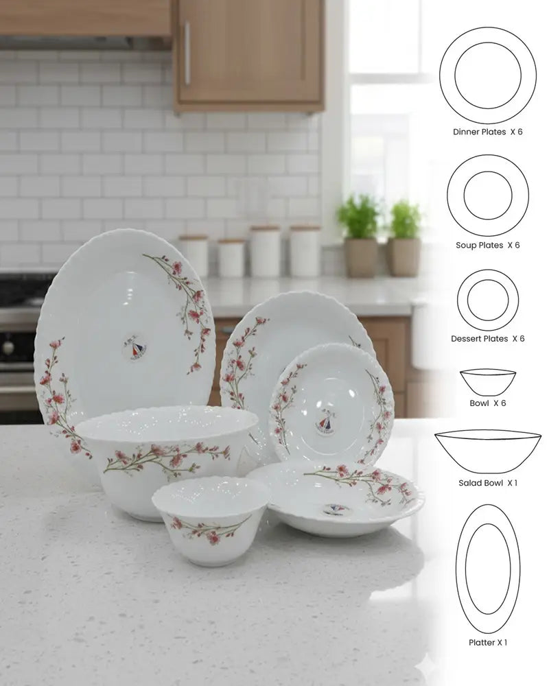 Blossom Breeze 26-Piece Opalware Dinner Set – Elegant Floral Tableware for 6 Persons