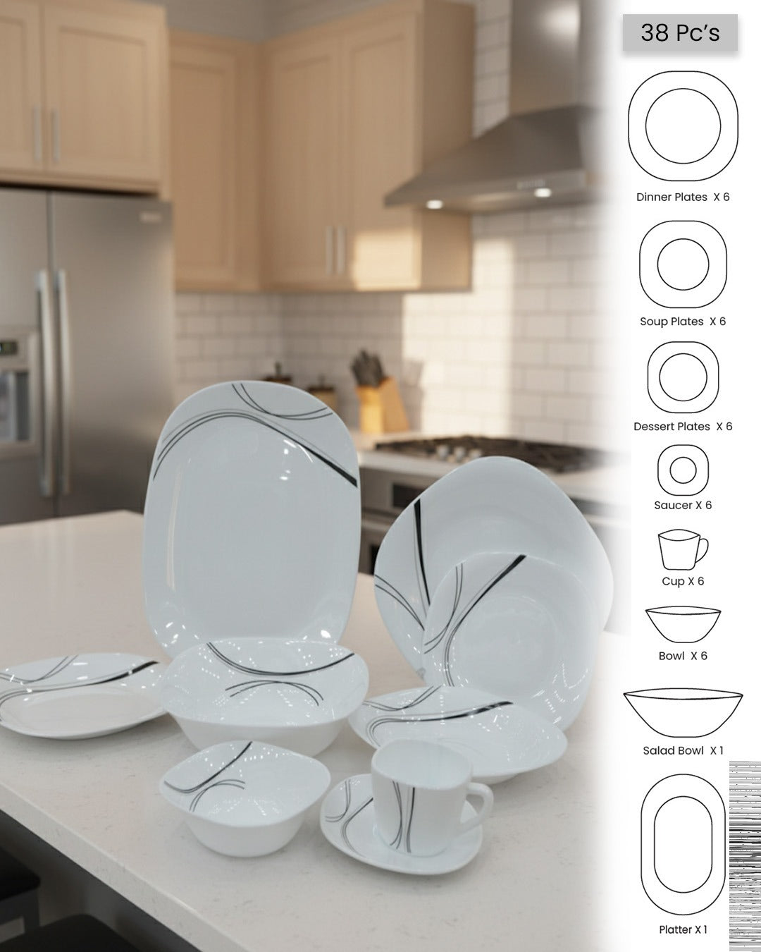 Opal Dinner Set – 38 & 52 Pieces | Premium Dinnerware for 6–8 Persons