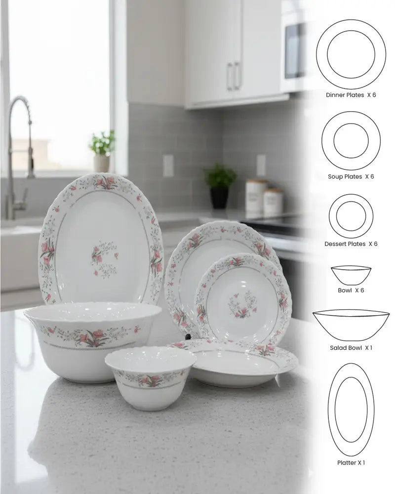 Rose Grace 26-Piece Premium Opalware Dinner Set – Classic Floral Tableware for 6 Persons