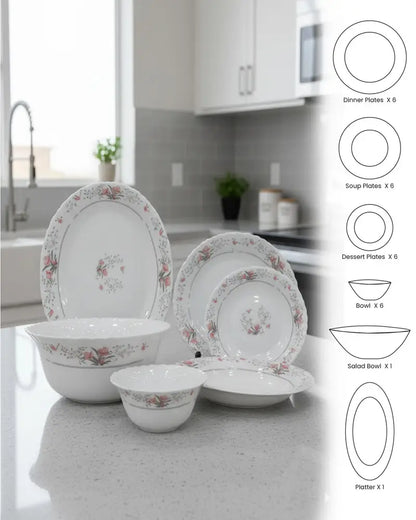 Rose Grace 26-Piece Premium Opalware Dinner Set – Classic Floral Tableware for 6 Persons